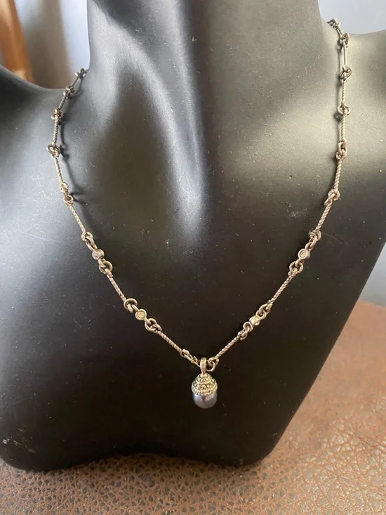 Liz Claiborne dark pearl acorn Necklace and Black Hematite dog tag necklace set - Picture 2 of 11